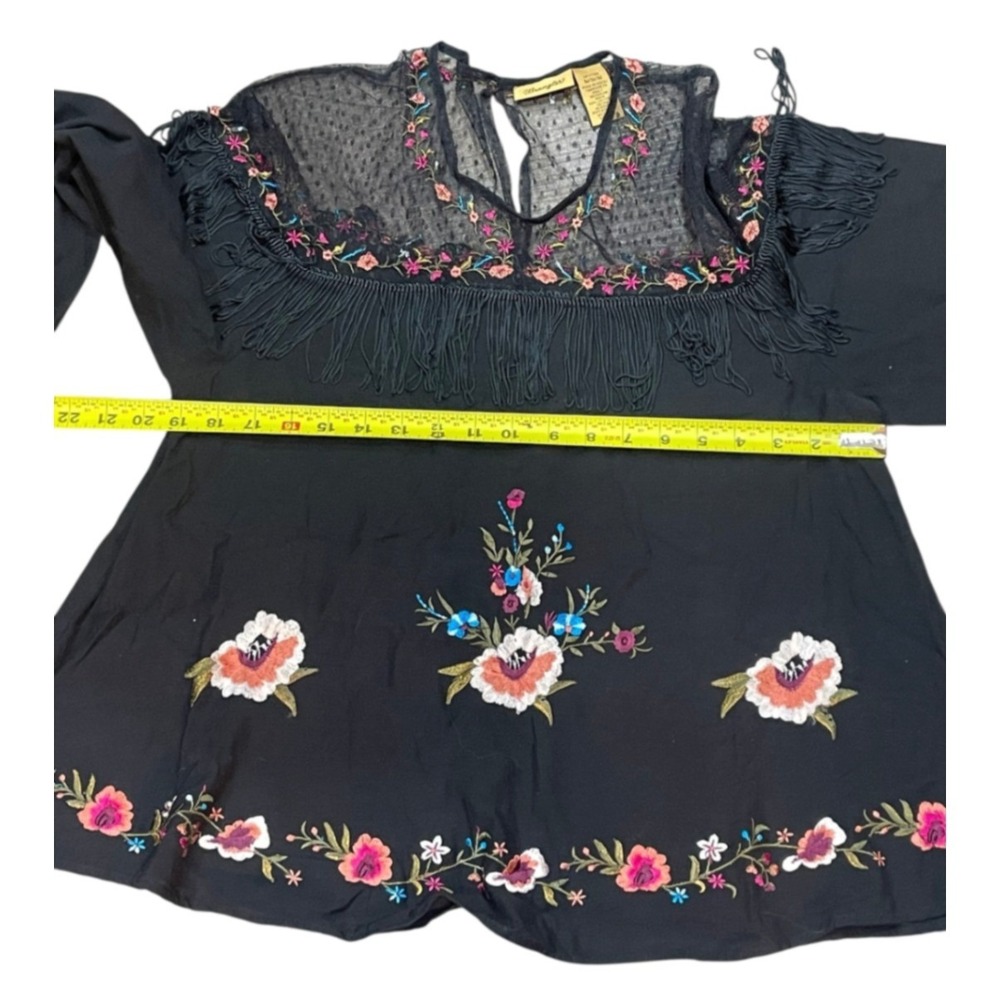 Wrangler Black Embroidered Fringe Floral Womens Top Western Rodeo Medium Whimsy - Picture 4 of 9